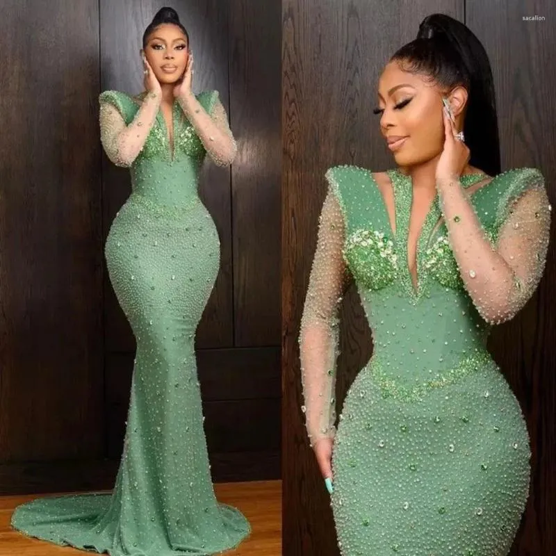 Robes de fête Green perle sirène Prom pour les femmes africaines Crystal Crystal perle Aso Ebi Occasion formelle robe de mariage robe de mariage