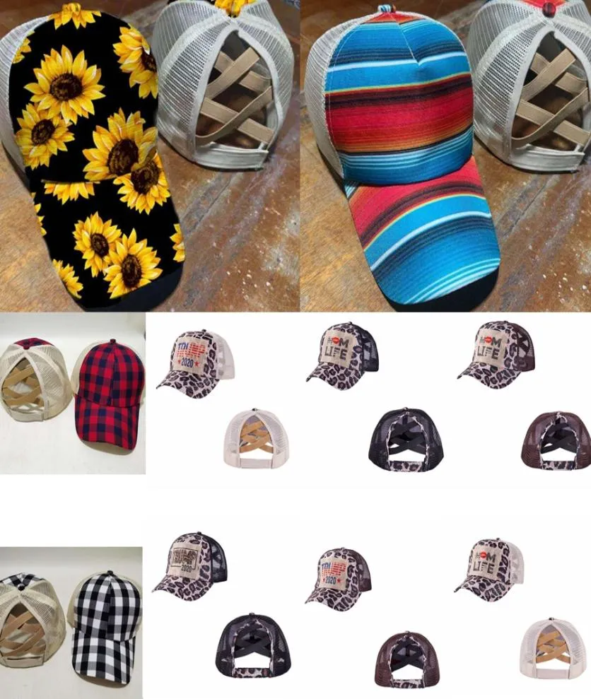 Criss Cross High Ponytail Hat Washed Sunflower Baseball Cap Messy Buns Trucker Caps Plaid Leopard Hats Snapback Trump Mesh Hats GG3826320