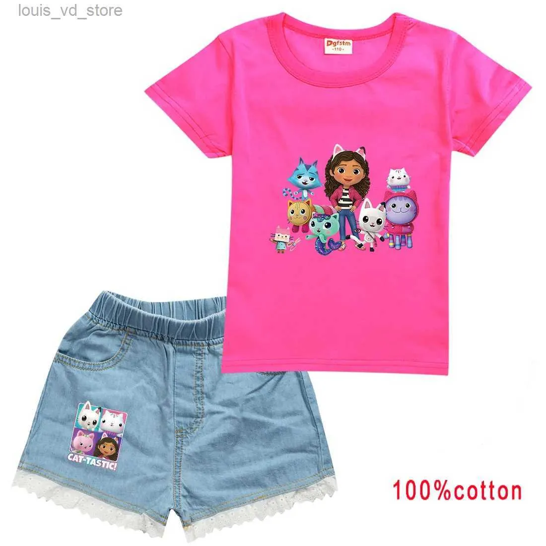 Kläder sätter gabbys dollhouse katter kläder småbarn flickor avslappnade kläder pojkar sommarkläder barn bomull t-shirts + denimshorts 2pcs uppsättningar t240415