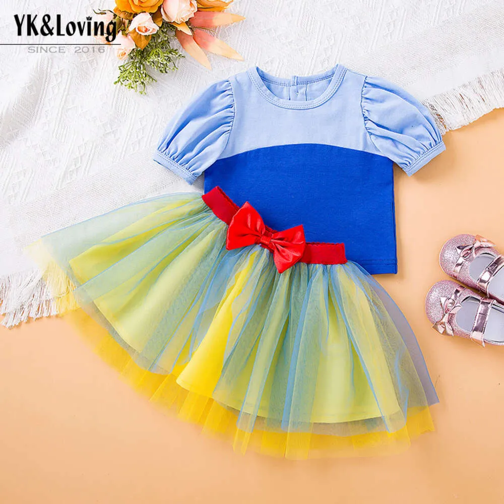 Baby Summer Children's Wear Spleißblasenhülsen T-Shirt Mesh Mode Prinzessin Kleid 2-teiliges Set