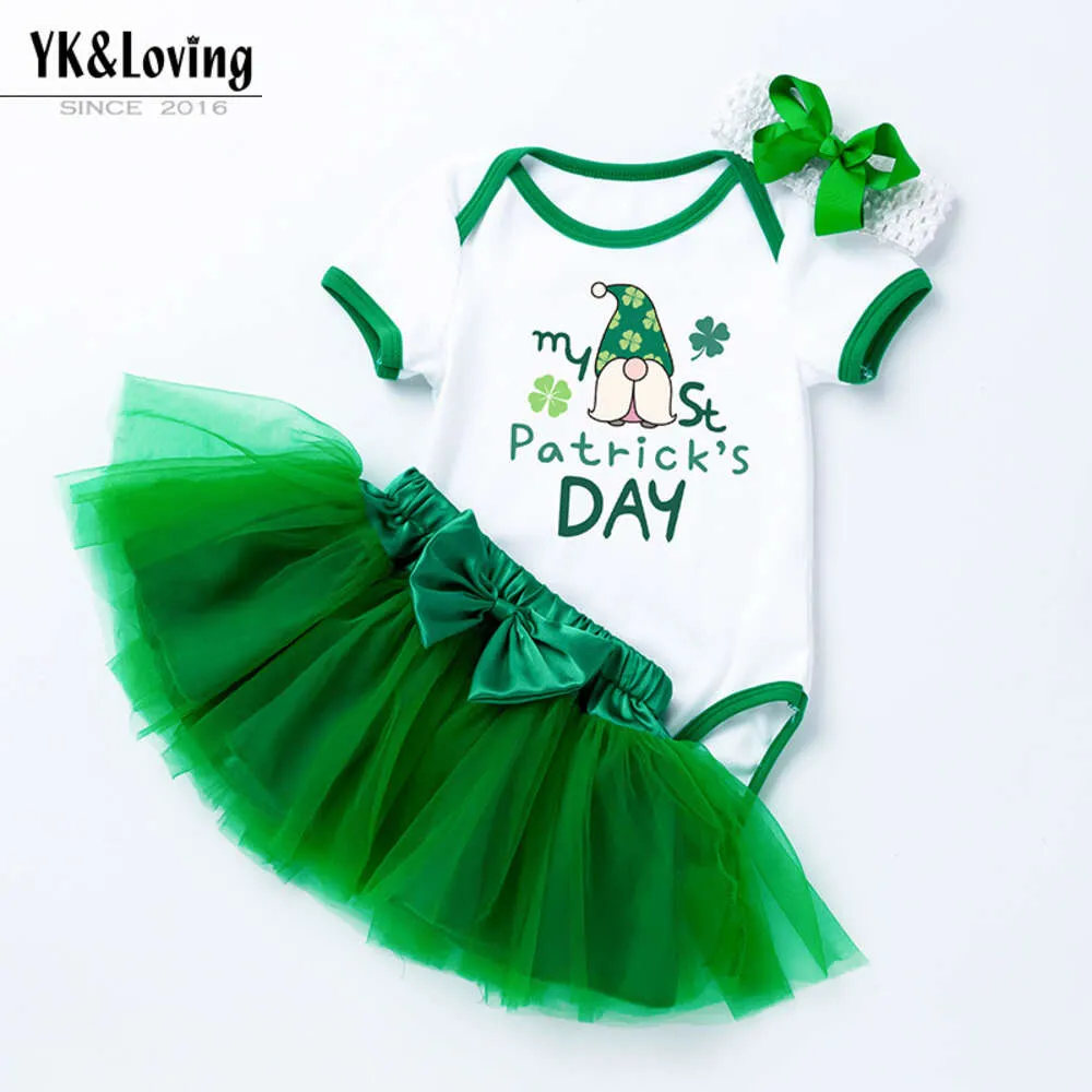 Newborn Saint Patrick Baby Clothing Short Sleeved Jumpsuit Green Half Skirt Hair Accessories 3-piece Set