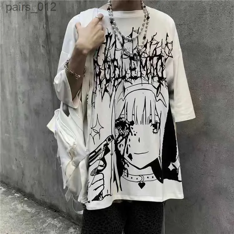 Męskie koszulki męskie Summer Dark T-shirt High Street Gothic Skull T-shirt Loose Ultrafine krótkie rękawowe T-shirt anime Street Clothing Mens top YQ240415