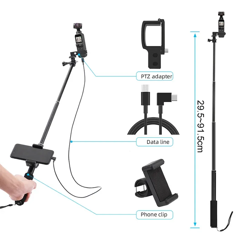 Konsoler förlängning pol selfie stick telefon clipmonterad modul för dji pocket 2 gimbal kamerakabel för typec iOS microusb -tillbehör