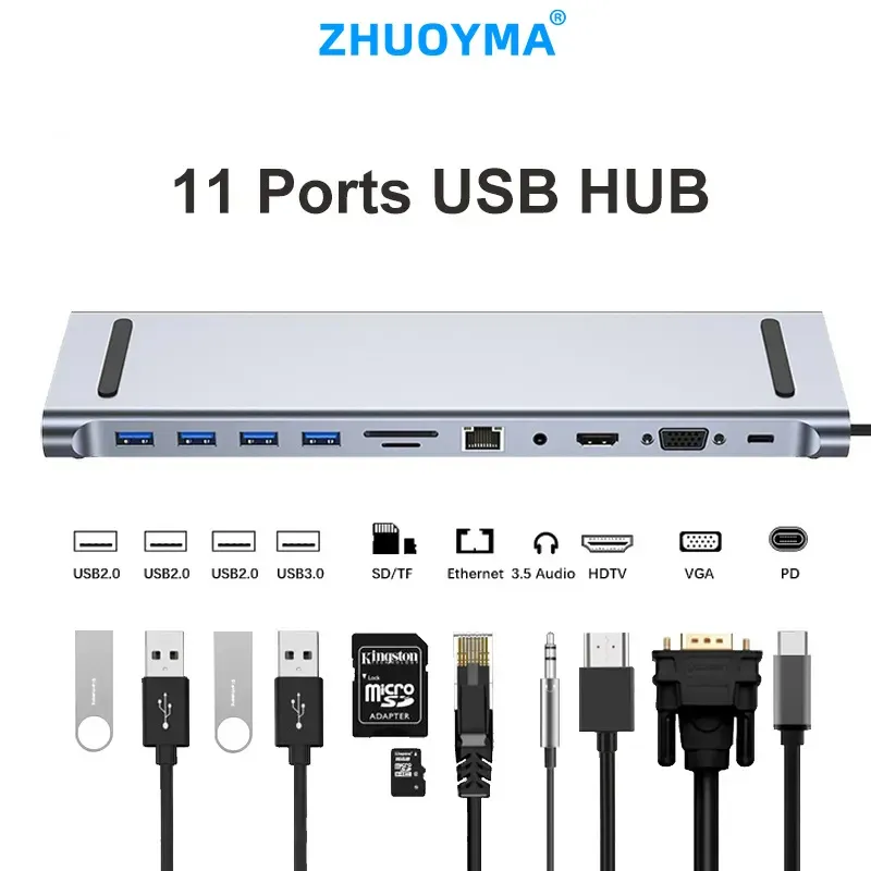 Hubs USB C Tipo de laptop Docking Station 11in1 Met Pd SD Tf RJ45 Splitter OM HDMI 4K 1080P 87W Adaptador Voor MacBook Voor Huawei