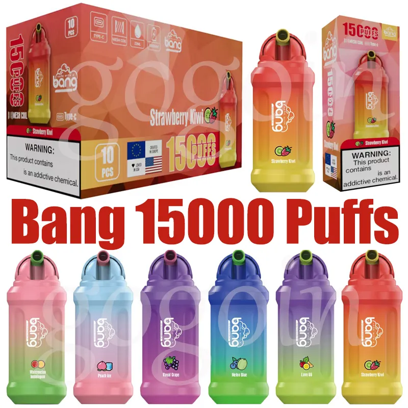 Bang 15000 puffs ångor engångs elektroniska cigaretter puff 15k 0% 2% 3% 5% 23 ml Förfylld pod mesh spole 650 mAh uppladdningsbar batterivångare penna