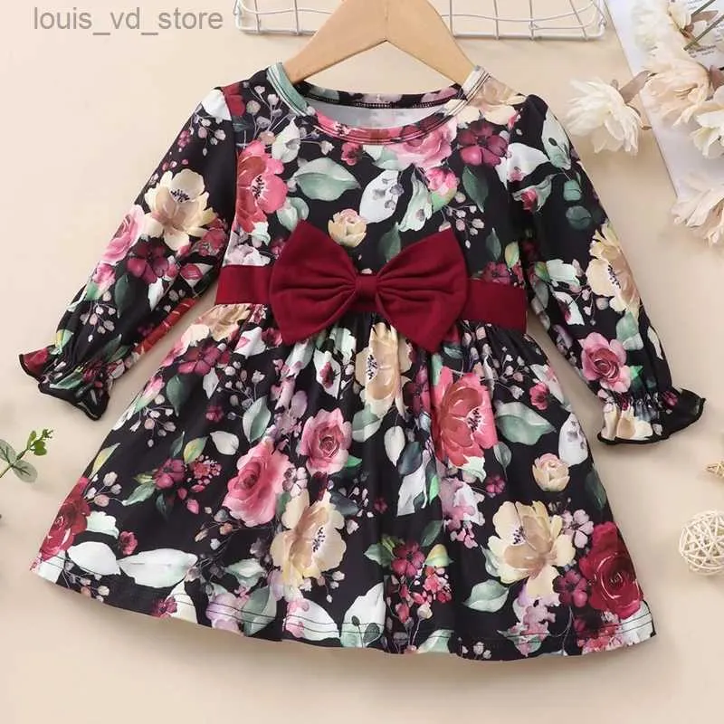 Girl's Dresses Newborn Dresses Cotton Baby Girl Dress Flower Print Bow Long Sleeve Girls Dress Spring Fall Baby Clothes Infant Clothes 0-18M T240415