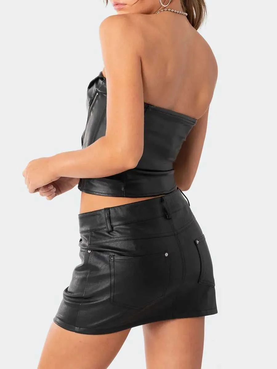 Leather Y2K Mini Skirt Set with Zipper Tube Top from Dhgate