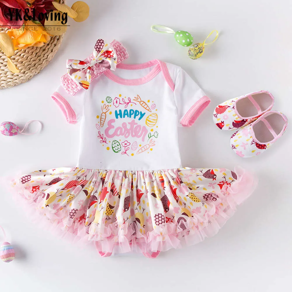 Neues Osterbaby Schatz Babykleid Cartoon Kurzarmbodysuit Kinderkleid Kleid