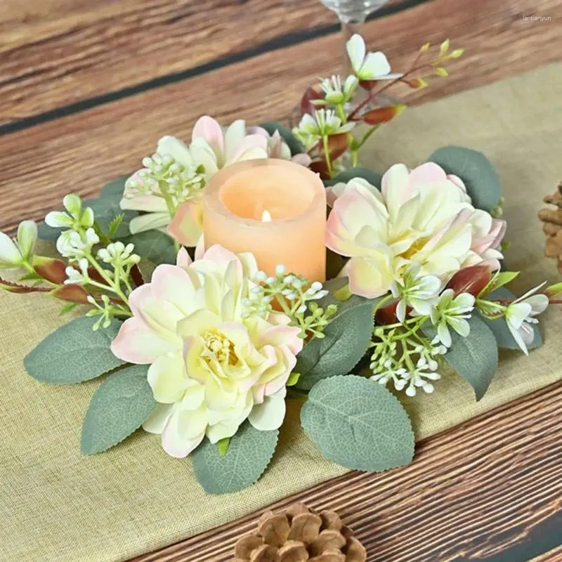 Dekorativa blommor konstgjorda Dahlia Garland Candle Ring Column Holder Green Leaf Flower Home Wedding Party Table Decorations