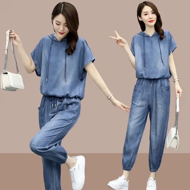 Femmes Summer Cowboy Suit femelles Casual Sportswear Version coréenne Denim Set Pants lâches Twopiece 240415