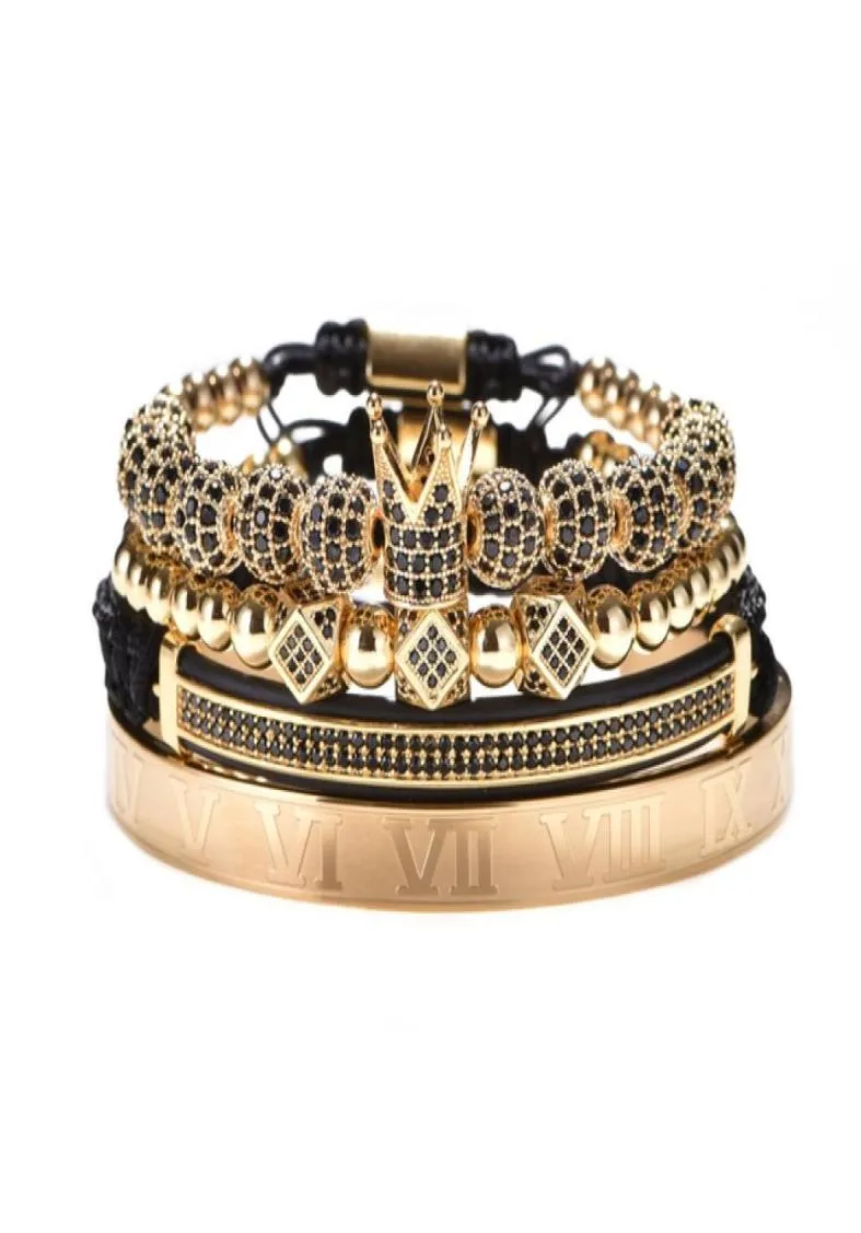 Xury Gold Braided Bracelet réglable Hommes Perles masculines Crown Black CZ Zircon Charme en acier inoxydable Gift Valentin pour la Saint-Valentin Christmas 1813464