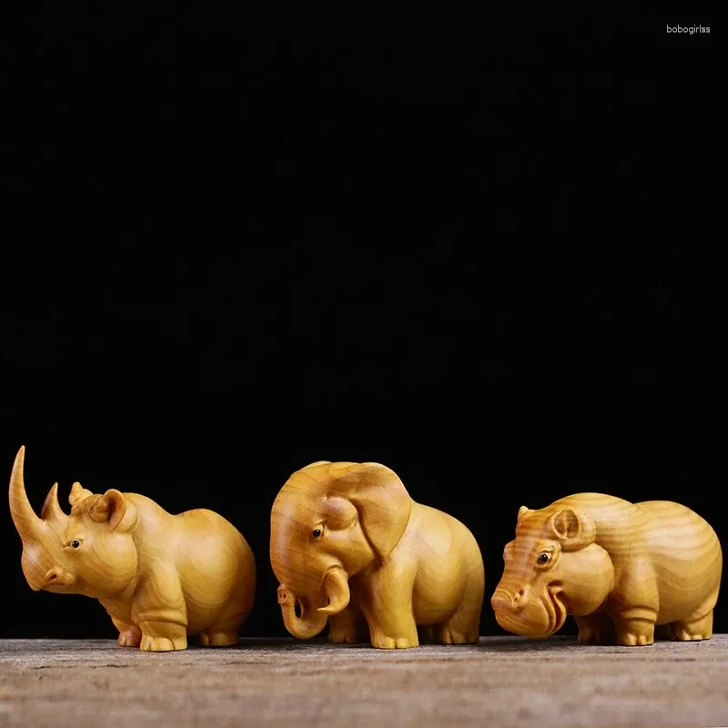 Estatuetas decorativas 1set rhinoceros elefante hipopótamo Africano estátua de boxwood escultura de ornamentos artesanais Coleção