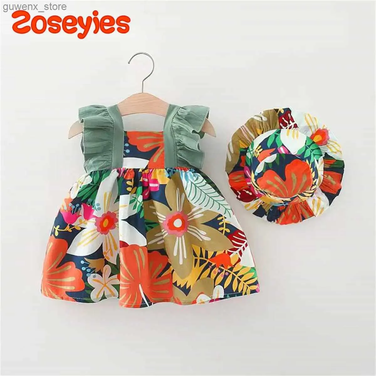 Robes de fille Summer Baby Girls Hobe New Tropical Flower Flying Mancheve Daily Casual Robe avec chapeau Y240415Y2404175N94