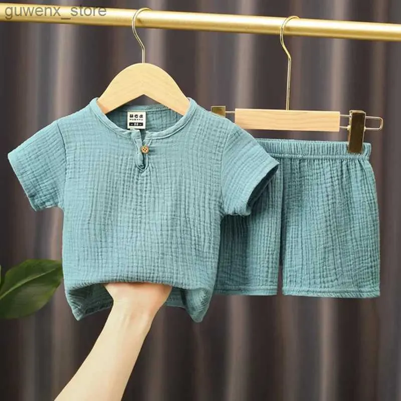 Conjuntos de ropa 0-5y Juego de ropa para niños y niñas Camiseta de lino de algodón puro de verano+pantalones cortos elásticos de ropa para niños Conjunto de ropa casual Y240415