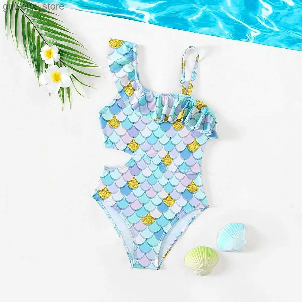 One-pièces creux de Summer Ruffle Enfants Girls Kid One Piece Swimsuit Swimwear Falbala Imprimez Teen Kids Monikini 5-14 ans Beachwear Y240412