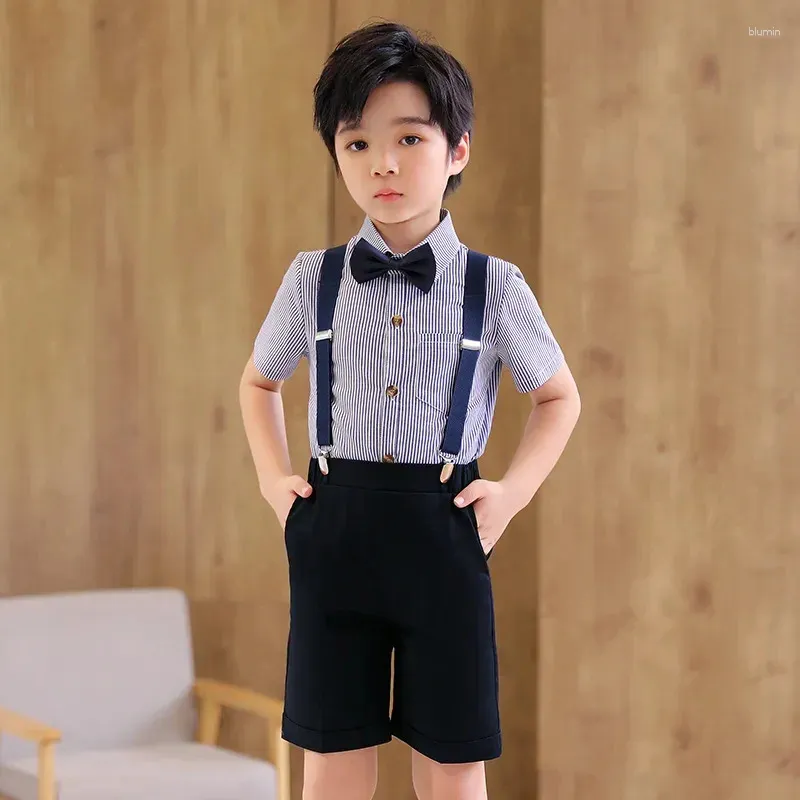 Clothing Sets Boy Striped Blouse Formal Suit For Summer 2024 Academic Style Short Sleeve Top & Straps Teenager Performance Costume 90-170