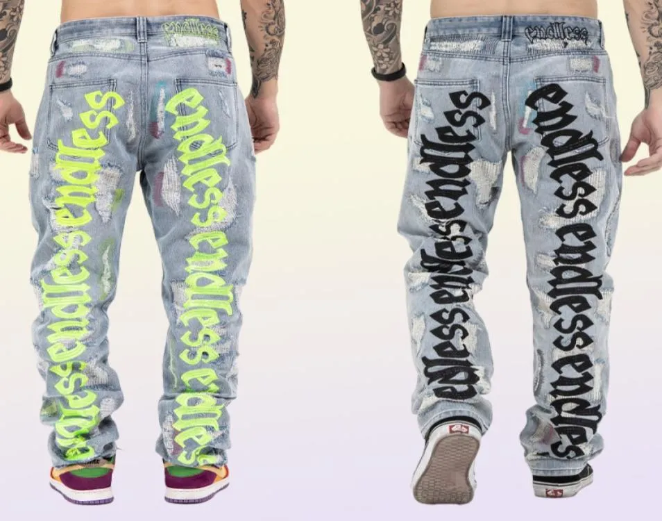 Firmranch Back Letter Embroidery Jeans For Men Ins Street Broken Hole Homme Loose Endless Denim Pants Moto Trouse3585705