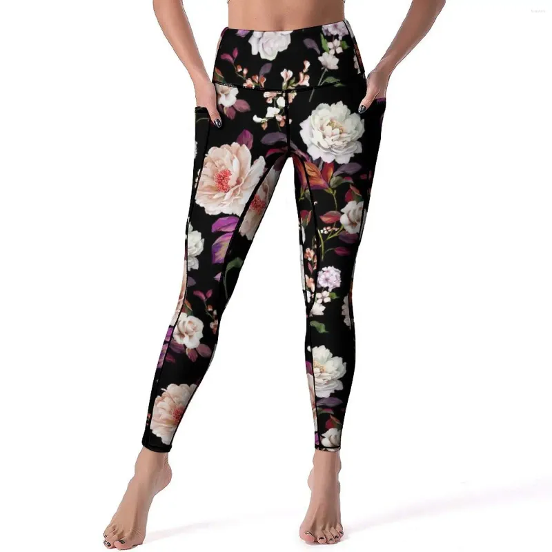 Active Pants Pretty White Flower Yoga Purple Laves Print Fitness Leggings High midje Stretch Sport Söt grafisk ben