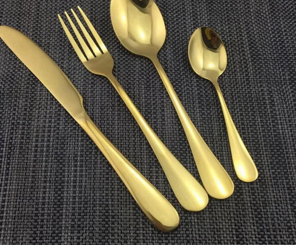 4 Pieces Set Gold Color Rostfritt stål Middagsuppsättningar Tabellekknivgaffel Teskoon Luxury Cotlery Set Tabelleriset Set KKA23139734825