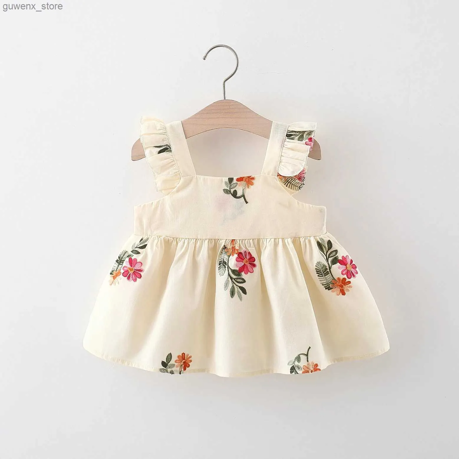 Mädchenkleider kleines Mädchen Sommerkleid mit fliegenden Ärmeln kleine Blumensticke festes Baumwollkleid (0-3 Jahre alt) Y240415Y2404176WCO