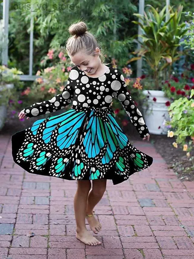 Sukienki dla dziewczynki Odzież dziecięca sukienka z długim rękawem duża huśtawka okrągła szyja motyl pochodzenie T240415