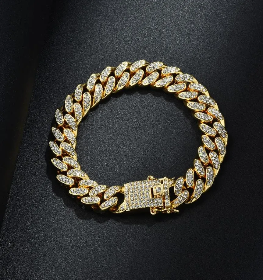 Mens Hip Hop Bracelet Jóias Iced Cadeia Rose Gold Silver Miami Correndas de Link Cuban Link Bracelets5855494