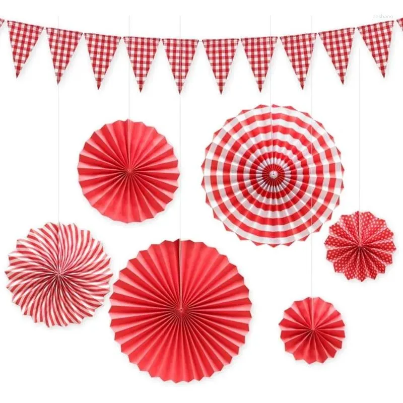 Party Decoration Red White Reckered Gingham Pennant Banners Hanging Paper Fans Blomma för picknick BBQ Födelsedagsbröllop utomhus