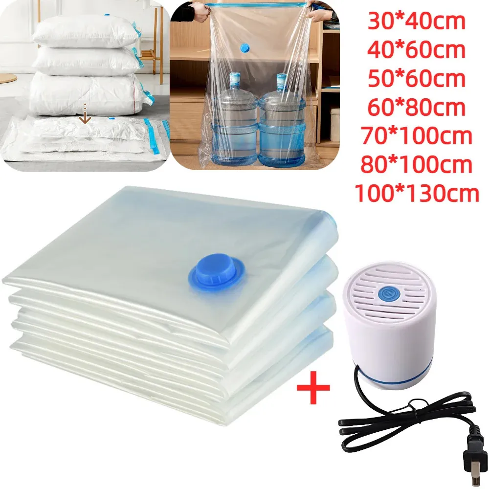6Pcs Vacuum Storage Bags with Pump Transparent Folding Compressed Space Saving Vacuum Bag for Clothes Large Travel Container 240408