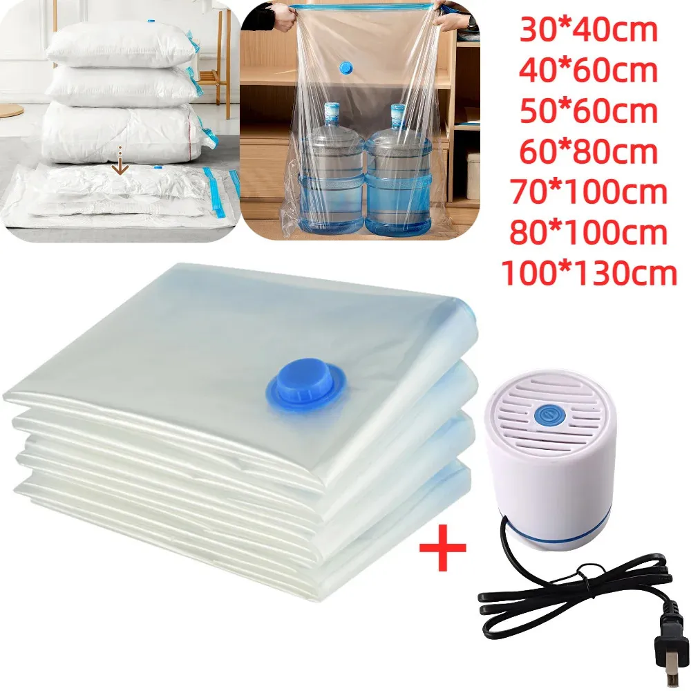 Sacos de armazenamento de vácuo de 6pcs com bomba transparente dobrável saco de salvamento de espaço comprimido para roupas recipiente de viagem grande 240408