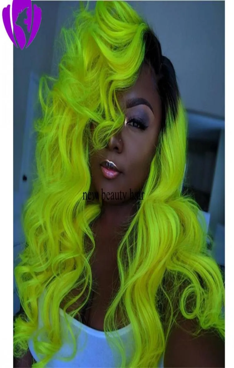 Ombre neon Greenyellow Synthetic Lace Front Wigs com cabelos de bebê pré -arrancados ondas corporais onduladas Lacewigs completos para preto WOME8624141