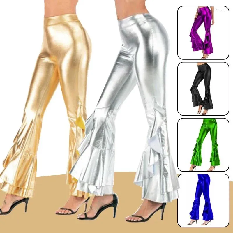 Pantaloni da donna Donne Shiny Flare Parelle Laser Metallic Wetlook Ruffle largo gamba a campana magro