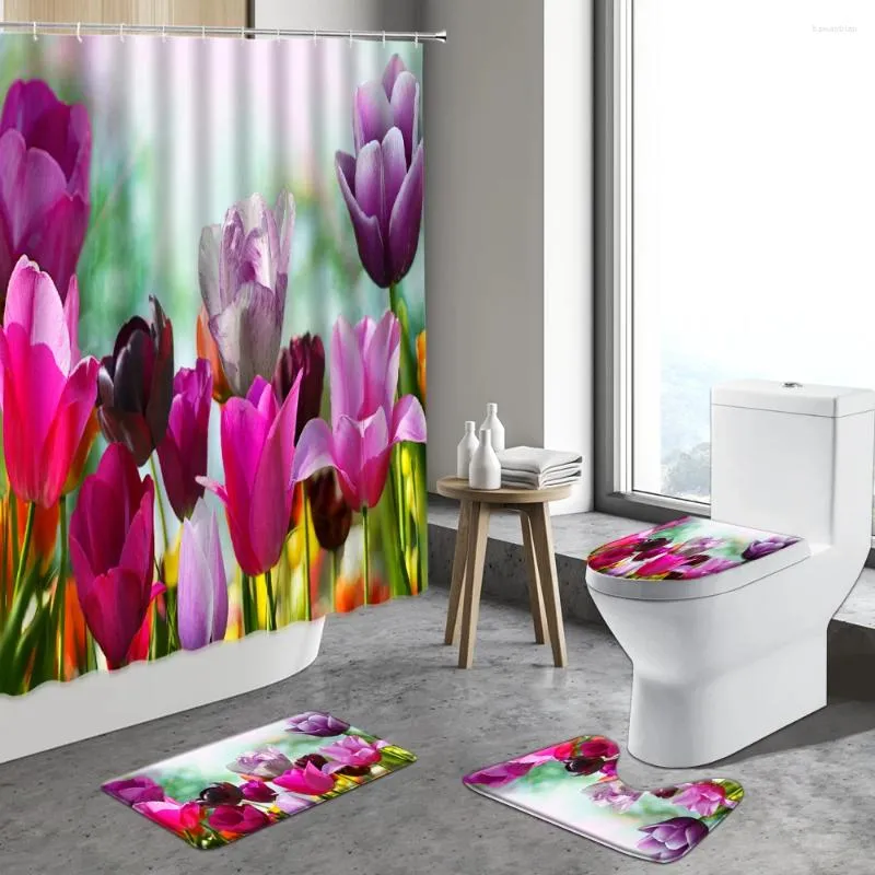 シャワーカーテン田舎の植物花紫色のチューリップカーテン白い蘭の蝶の赤いバスルームの装飾セット非滑り止め敷物マット