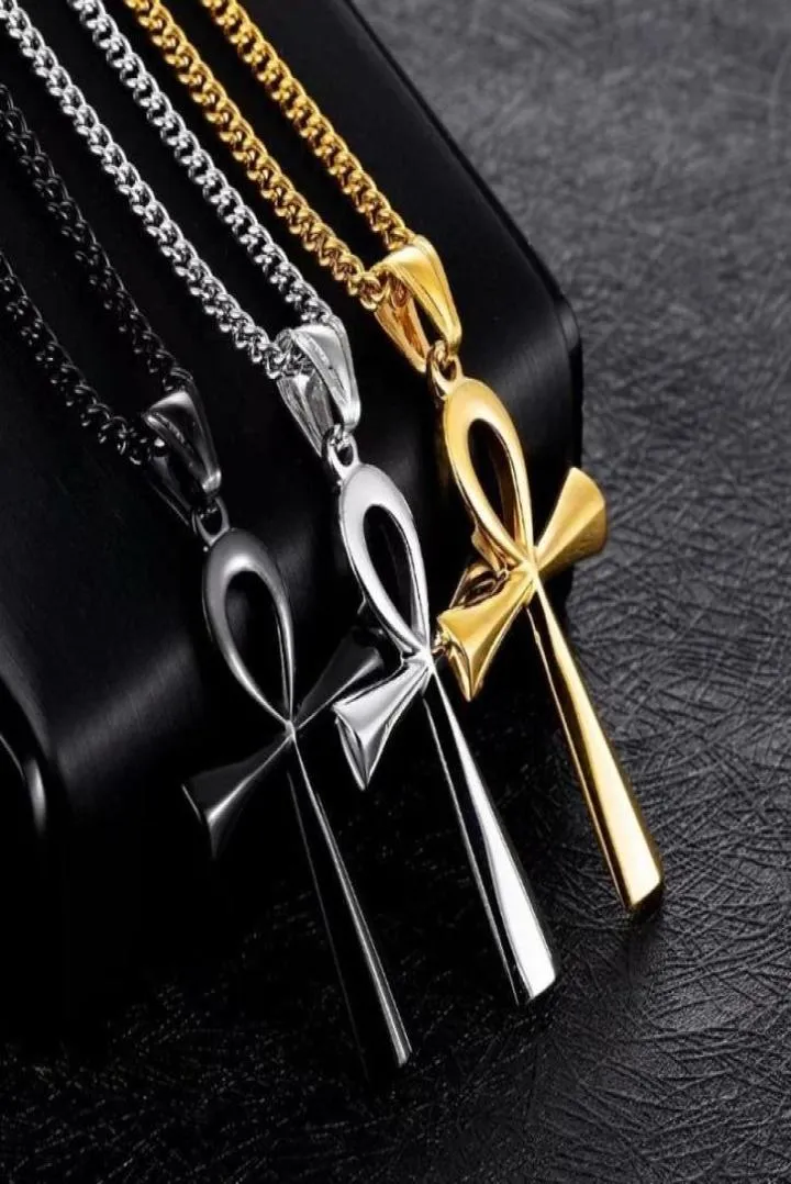 Pendanthalsband Fashion Premium Punk Style Gold Black Egyptian Ankh Life Cross Necklace For Men Jewelrypendant8777007