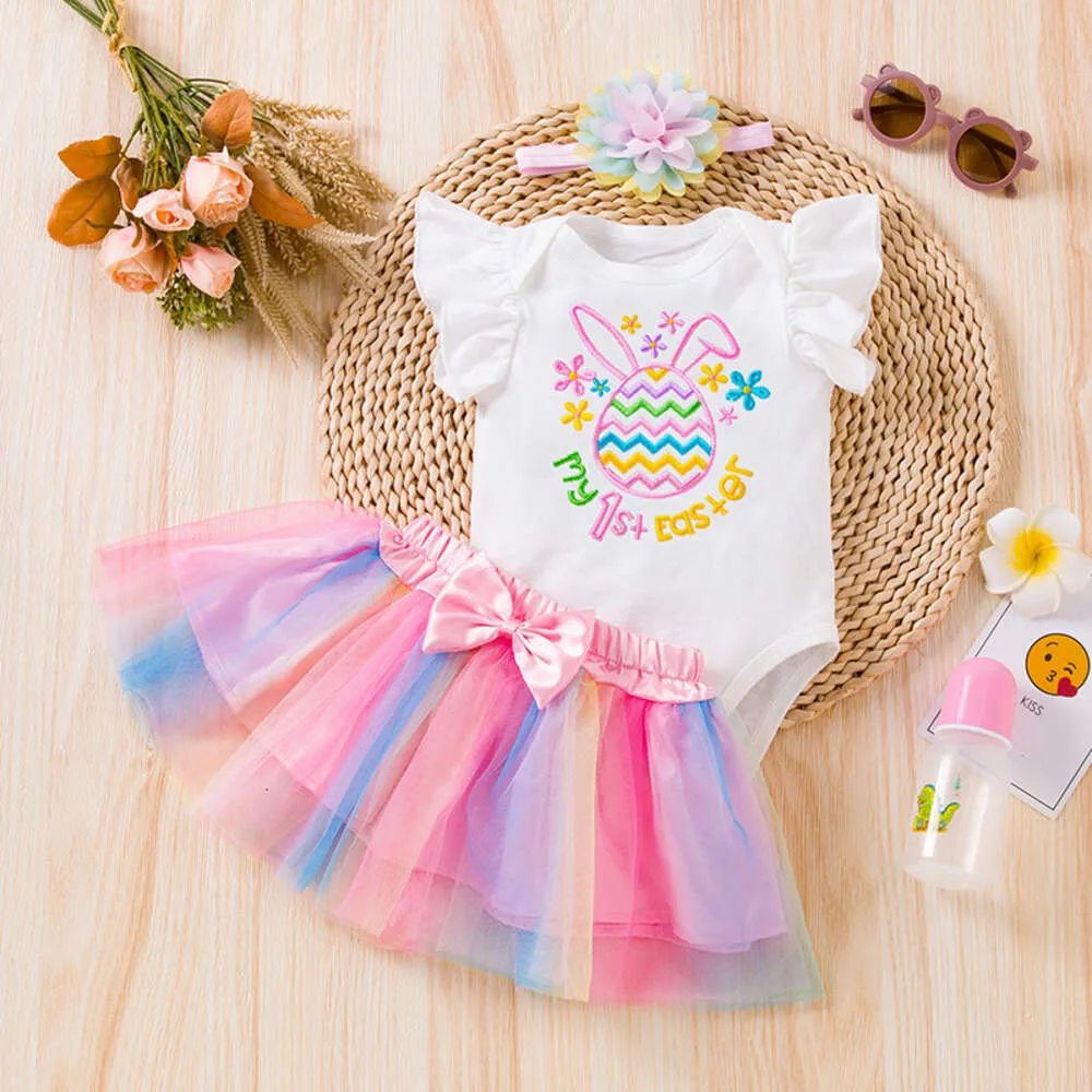 2024 Spring/Summer New Baby Clothing Easter Cartoon broderi Rabbit Egg Flying Sleeve Sweetheart Rainbow kjol