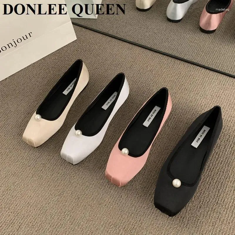 Casual Shoes Luxury Satin Silk Ballet Women Classic Square Toe Grunt Flats Ballerinas Ladies Loafers Brand Pearl Moccasins