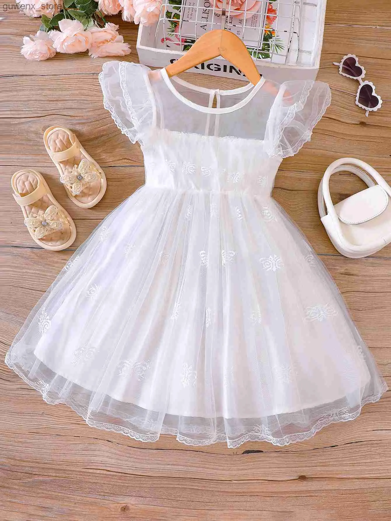Girl's Dresses Summer New Romantic And Elegant Dress For Primary And Secondary School Children White Mesh Girl Princess Dress Y240415