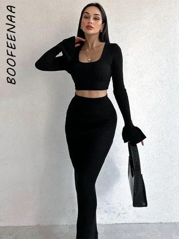 Robes de travail Boofeenaa Fashion élégante Black Ribbed Tnit 2pc sets pour femmes Vêtements d'automne 2024 Sleeve à manches à manches longues C85-DZ47