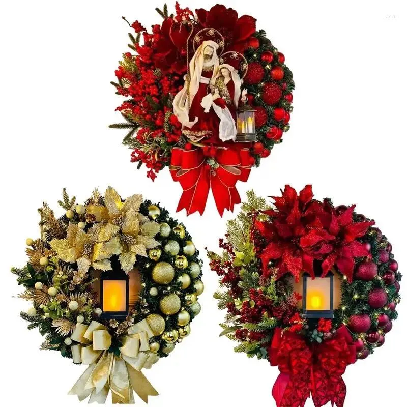 Decorative Flowers Christmas Wreath With Lantern Front Door Garland Large Bow Long-Lasting Artificial Holiday For Balcony