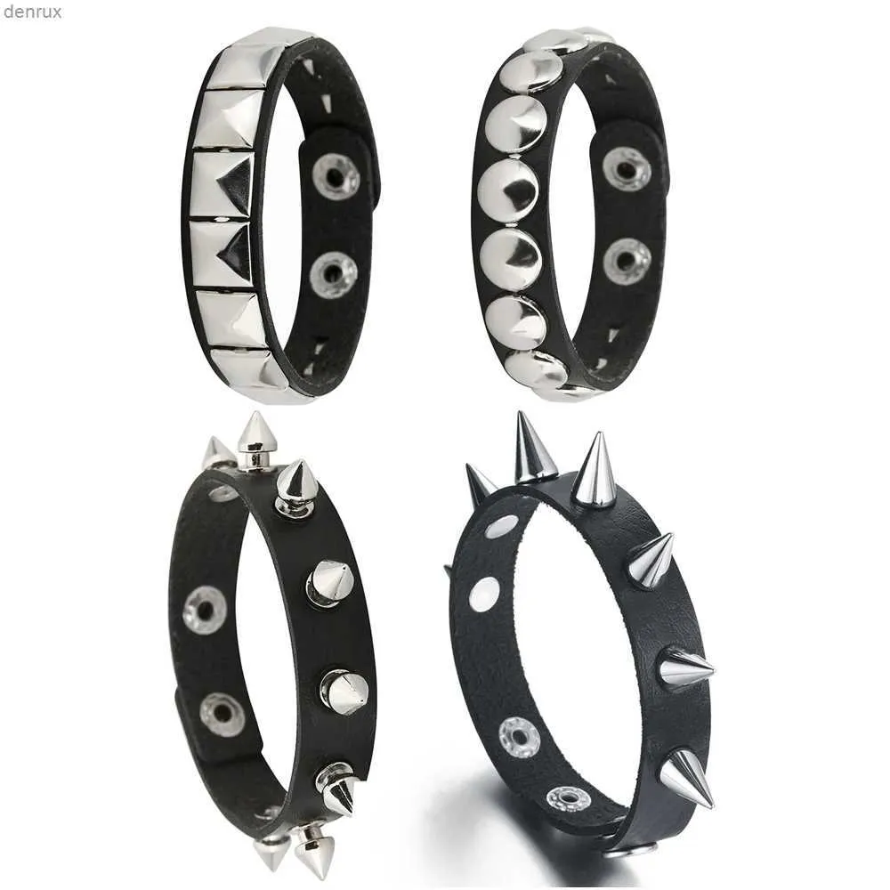 Andra armband spikade Studded Armband Black Leather Rivet Punk Armband Cuff Wrap Bangle Metal Wristband för män Kvinnor Gotiska tillbehörsl240415