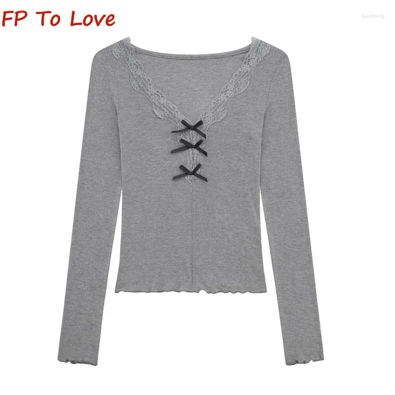 Women's T Shirts Y2K Sexy Bow Lace V-Neck Long Sleeve T-Shirt Women Spring Tight Spice Short Bottom Tops