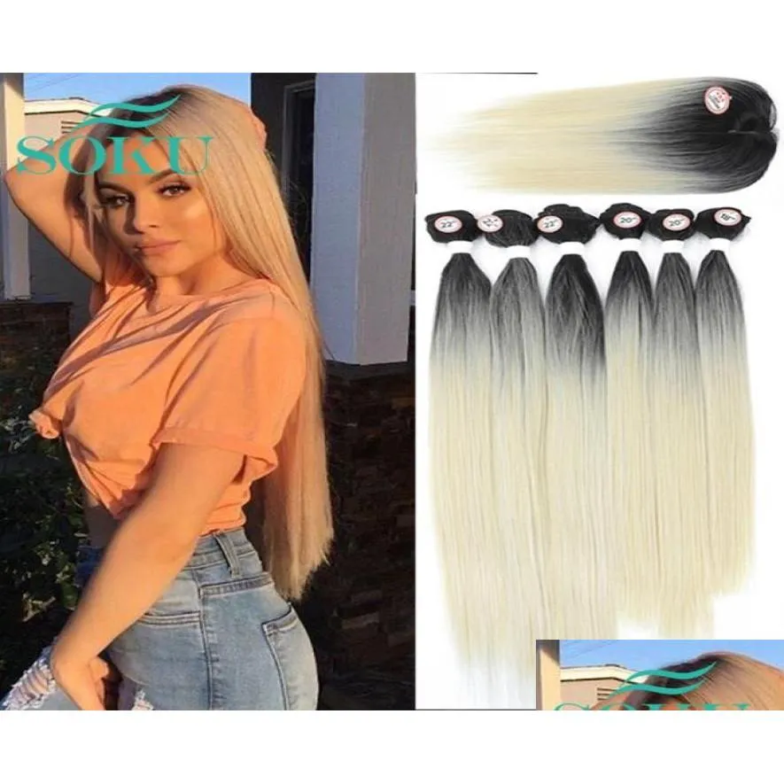 Hair Pieces Synthetic Closure Weaving Bundles Ombre White Color Weave Soku Nature Straight Extensions 6 Drop Delivery Products Oth6U