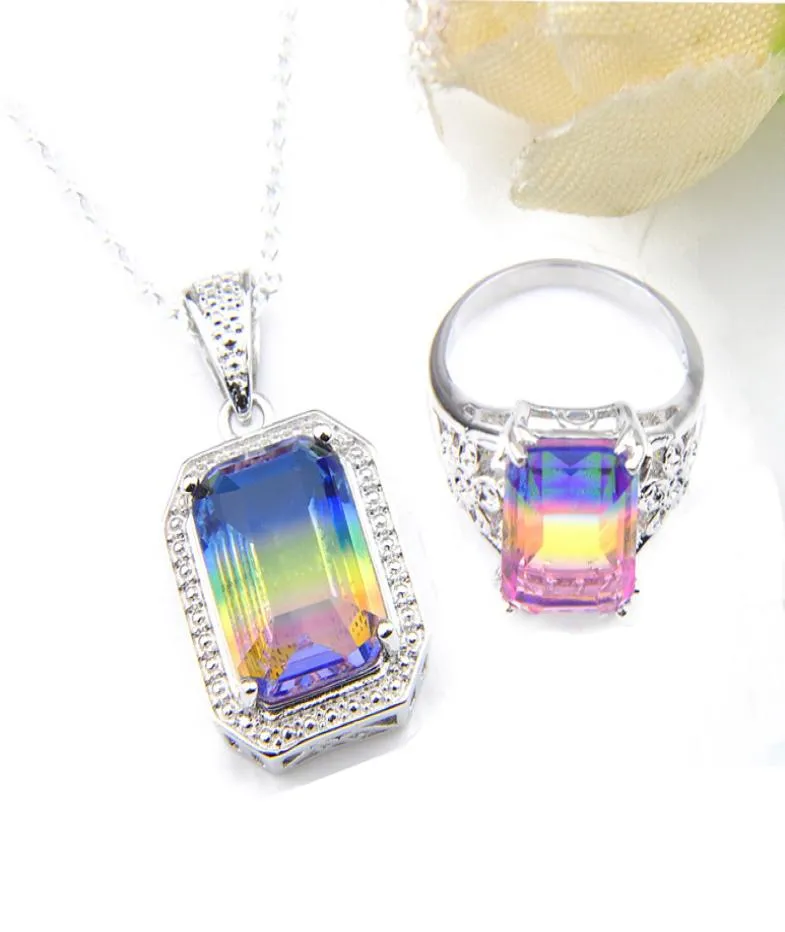 2PCSSET NEW Wedding Party Pendant Ring Smycken Set Bi Colored Tourmaline 925 Sterling Silver Necklace Lady Exquisite Sets8624073