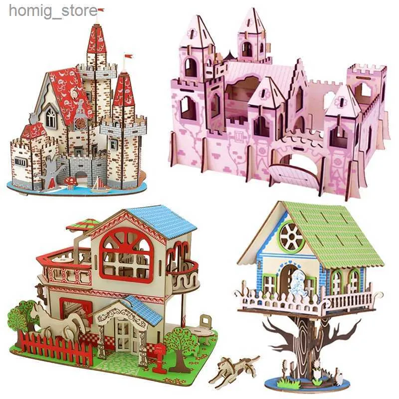 3d puzzels houten cartoon 3d houten puzzel puzzel puzzel prinses paradijs kasteel diy speelgoed voor kinderen meisjes boomhut model verjaardag cadeau y240415