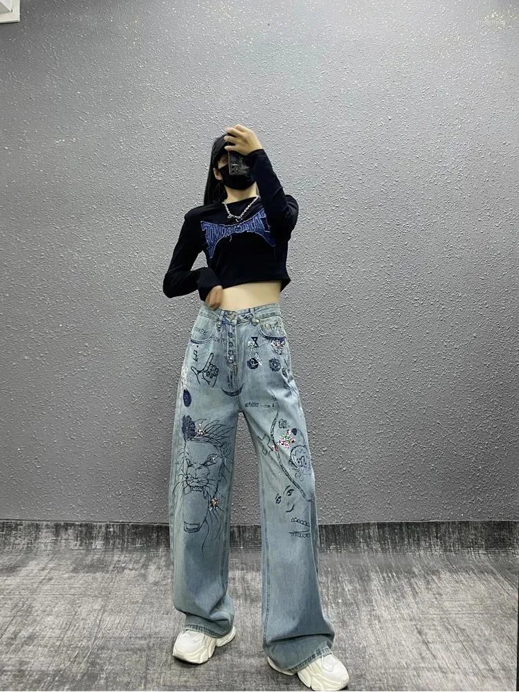 Kvinnors jeans kvinna tungt diamanttryck hög midja lös rak mångsidig streetwear-knapp casual denim bredbens moppbyxor