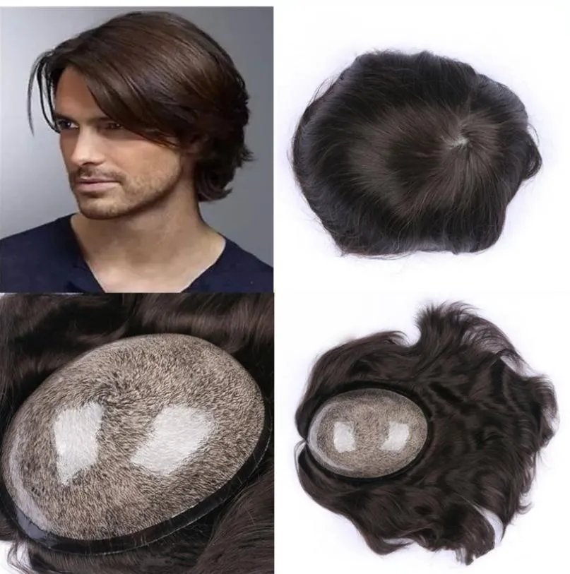 تروبيات الشعر الطبيعية الأوروبية الزشرية الرقيقة للرجال الكامل pu mens toupee replacemen system Human Hair Straight Natural Black Men 7846976