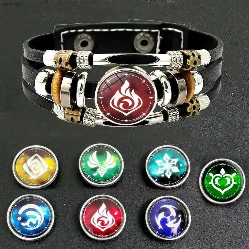 Outras pulseiras luminosas genshin impactam bracelete de couro Cosplay suportes ofus of god 7 elementos snap botão pulseira pulseira para homens womenl240415