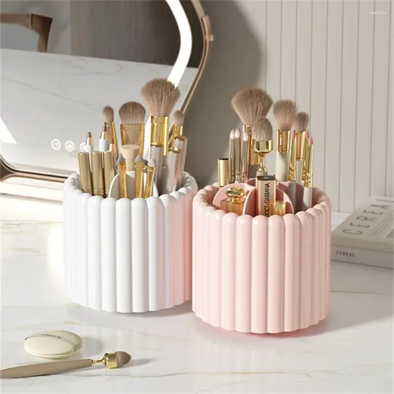 Förvaringslådor Makeup Brushhållare med lock 360 Roterande dammtät arrangör för Vanity Desktop badrumsbänk läppstift