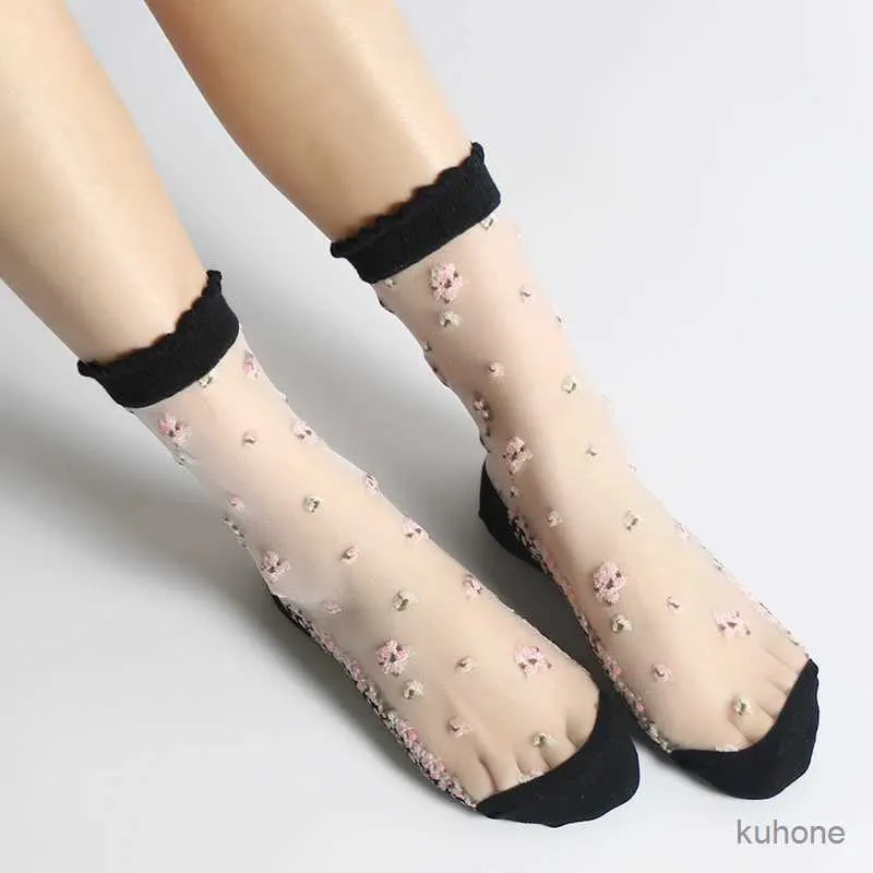 Skarpetki Hosiery 5 par/partia Summer Plant Flowers Sweet Crystal Cotton Anti-Skid Transpid Cienkie Skarpetki Femme Meia Ultra Cool Mesh Sexy Bas