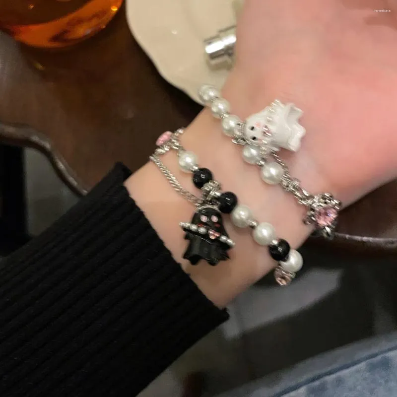 Link Bracelets Fashionable Y2k Flower Inlaid Cubic Zirconia Black And White Small Ghost Pendant Beaded Bracelet Friend At Go Out Play