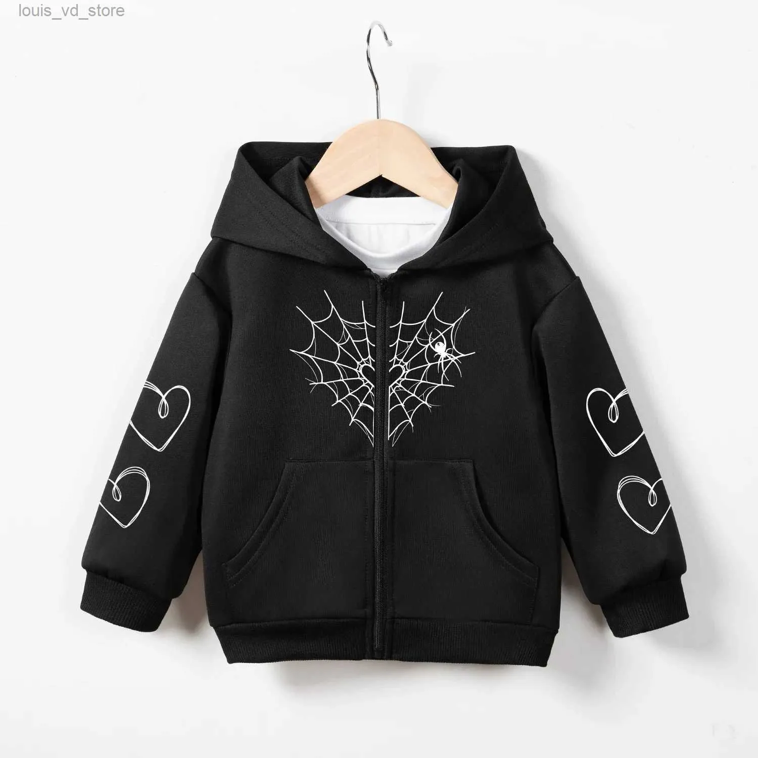 T-shirts 2024 Childrems Hoodie Autumn Boys and Girls Sweater Zipper Fashion Spider Web Love Print Kids Sweatshirt Toddler Outfits T240415